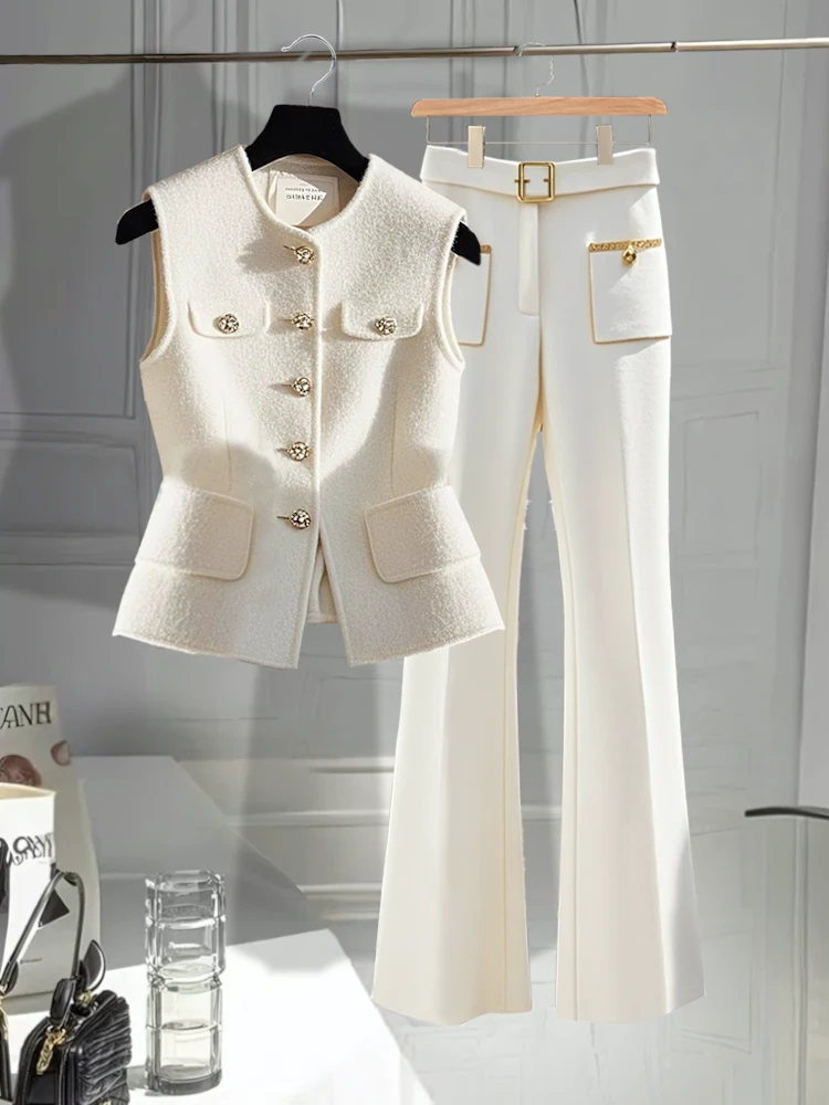早秋穿搭一整套女装气质小香风马甲上衣高腰时尚白色休闲裤两件套