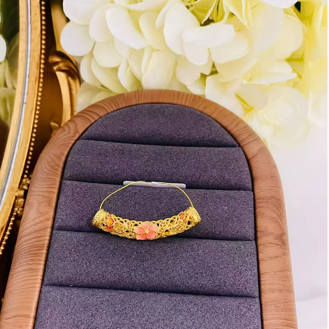 【小鹏黄金】足金999镂空桃花弯管珐琅吊坠