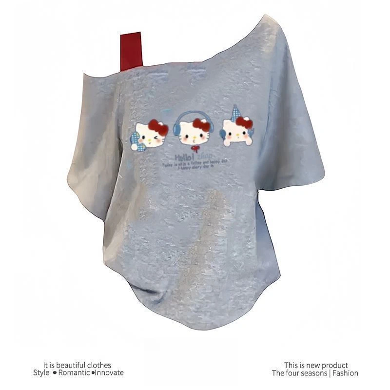 【ZHAP】新款单肩露肩吊带宽松短袖大码女t恤女浅灰色夏季kitty猫