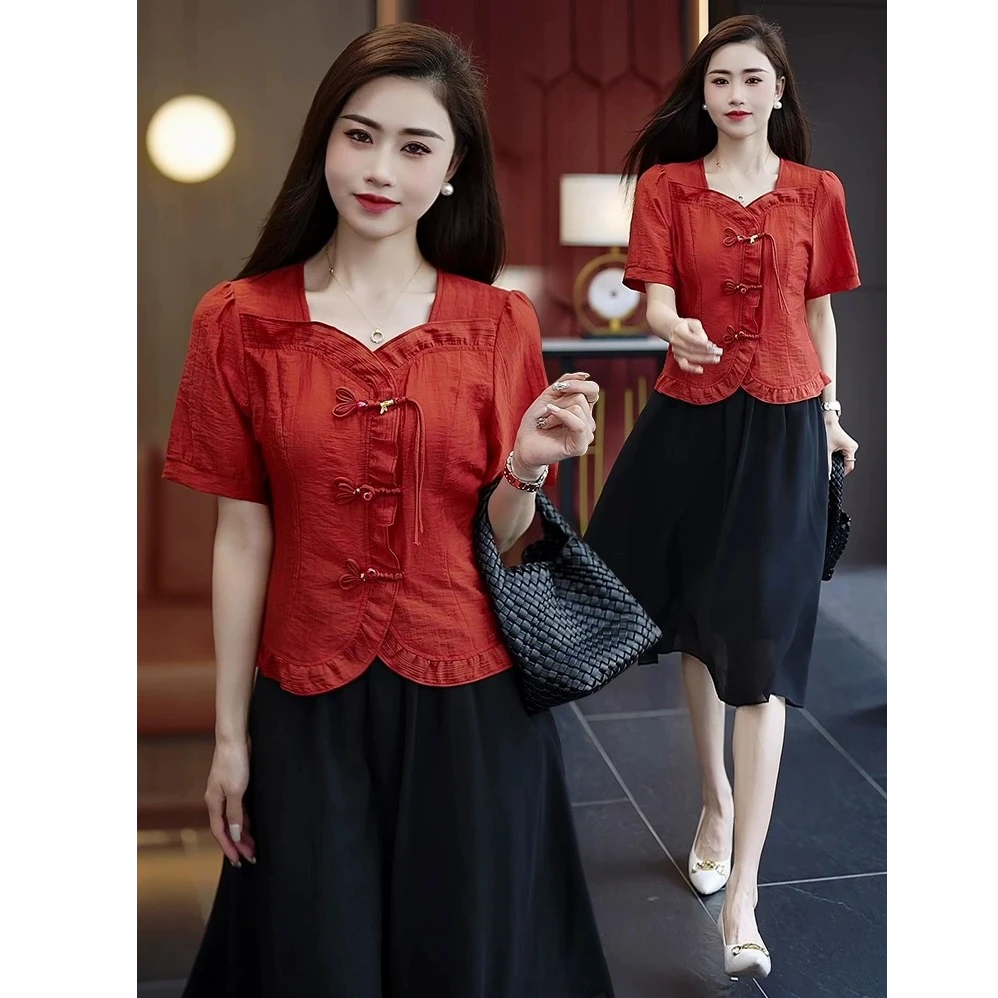 时尚新中式盘扣衬衫阔腿裤女夏季新款小个子洋气质显瘦国风两件套