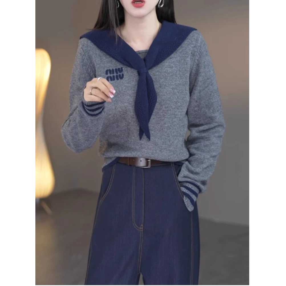 海军领假两件针织打底衫女春秋季2025新款上衣字母刺绣毛衣设计感