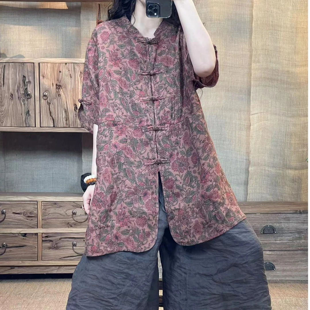 [四月阳光]夏季苎麻印花中式复古盘扣中长款外套(长80胸围130)