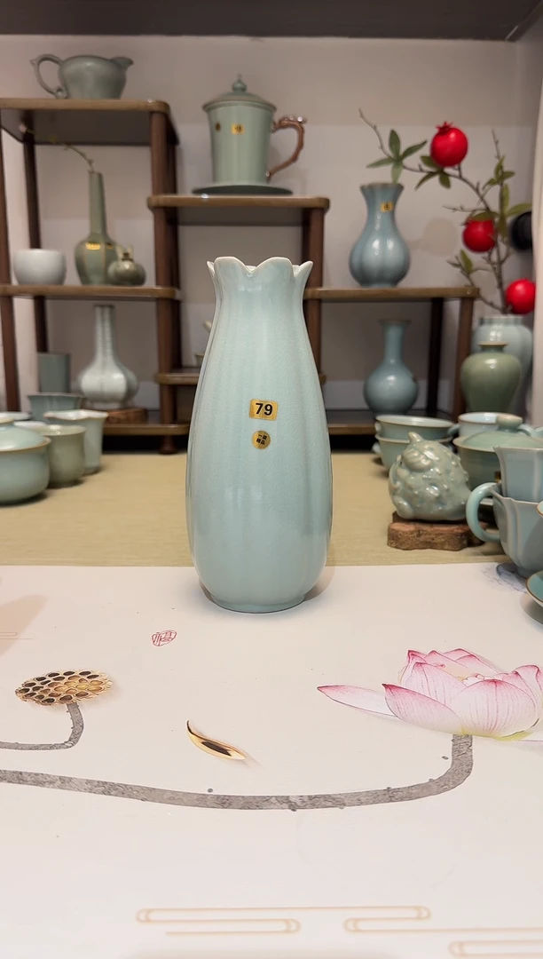 瓶79玉兰樽蝉翼纹 天青釉一级精品 花插摆件艺术品*
