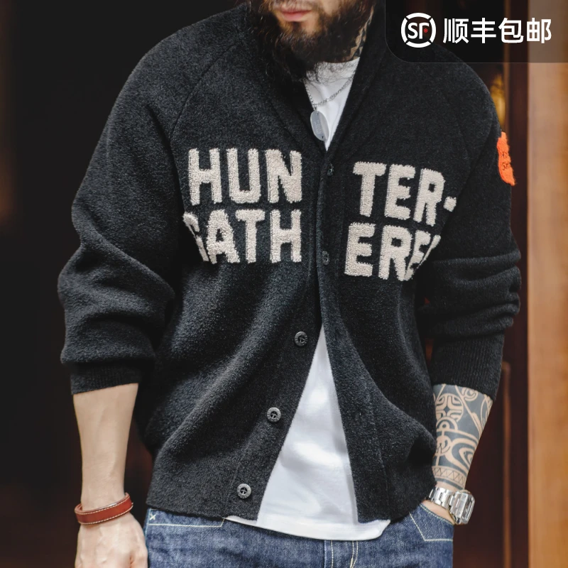 马登工装美式复古青果领开衫毛衣毛巾绣字母黑色针织衫外套男春春