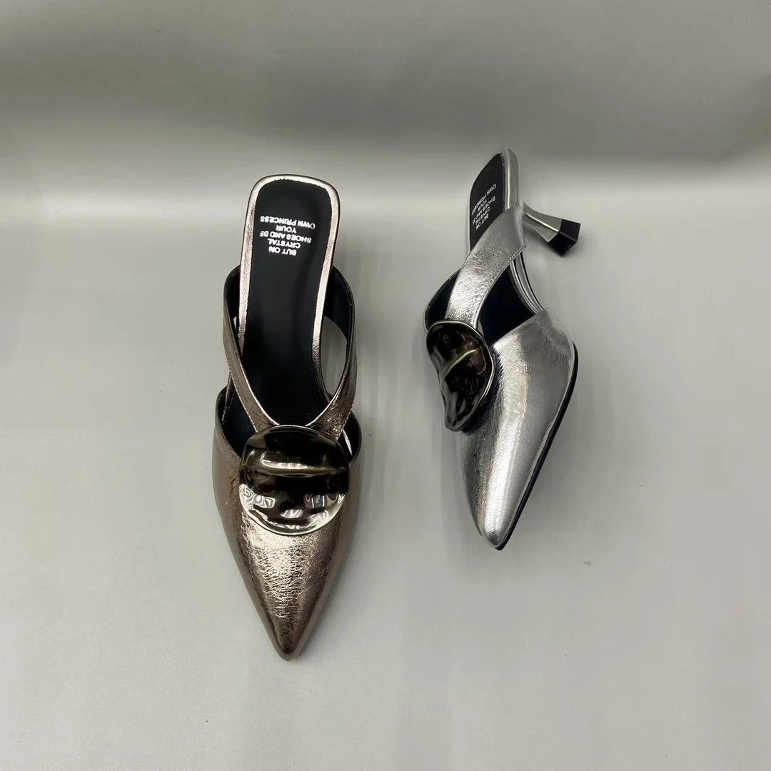 真皮女鞋5公分高跟鞋镂空尖头包头拖法式凉拖气质夏季新 2025爆款