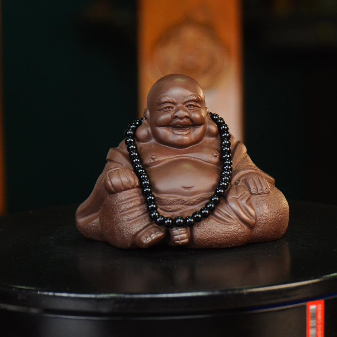 紫弥勒佛（带佛珠）宜兴紫砂茶宠摆件