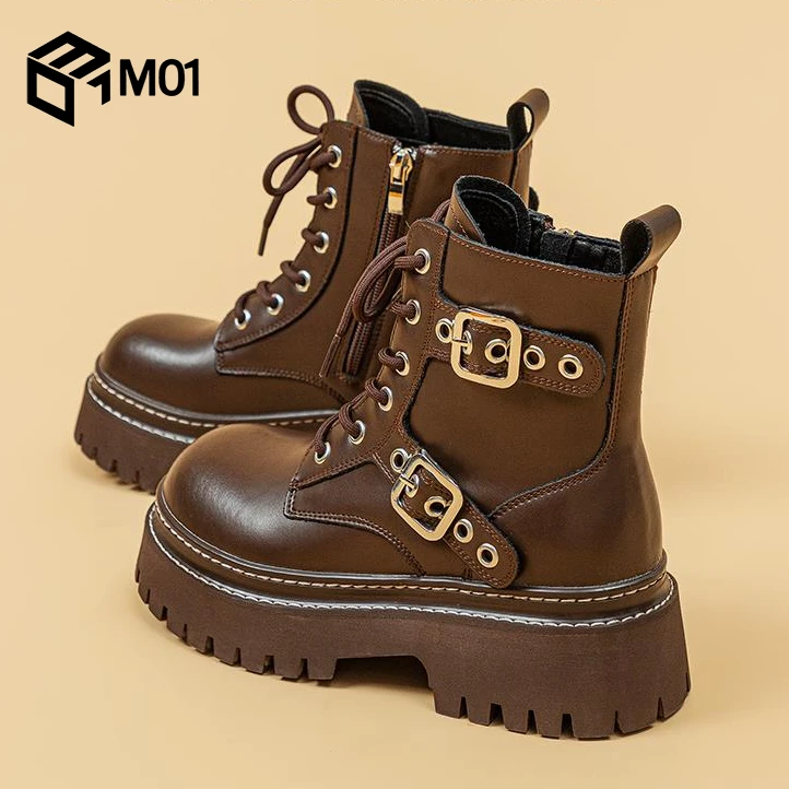 M01马丁靴女2025春秋新款帅气工装加绒短靴子厚底英伦风机车单靴
