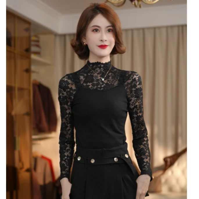 2025上新款女装蕾丝知性花纹长袖高领打底衫网红时尚2617