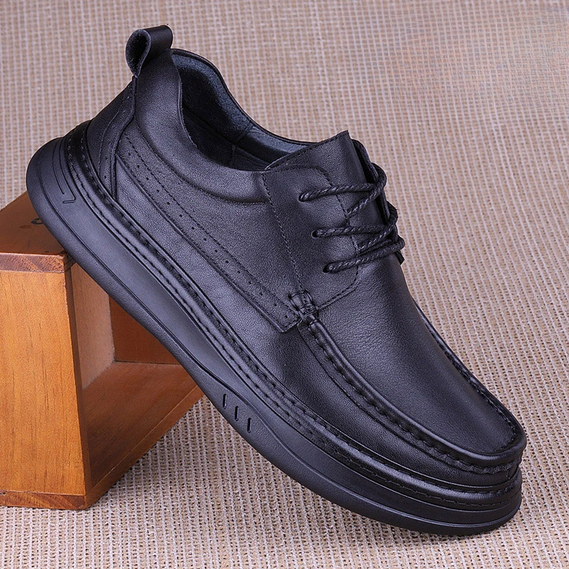 2025时尚新款男鞋休闲鞋厚底实心防滑车缝线系带宽松耐磨休闲皮鞋