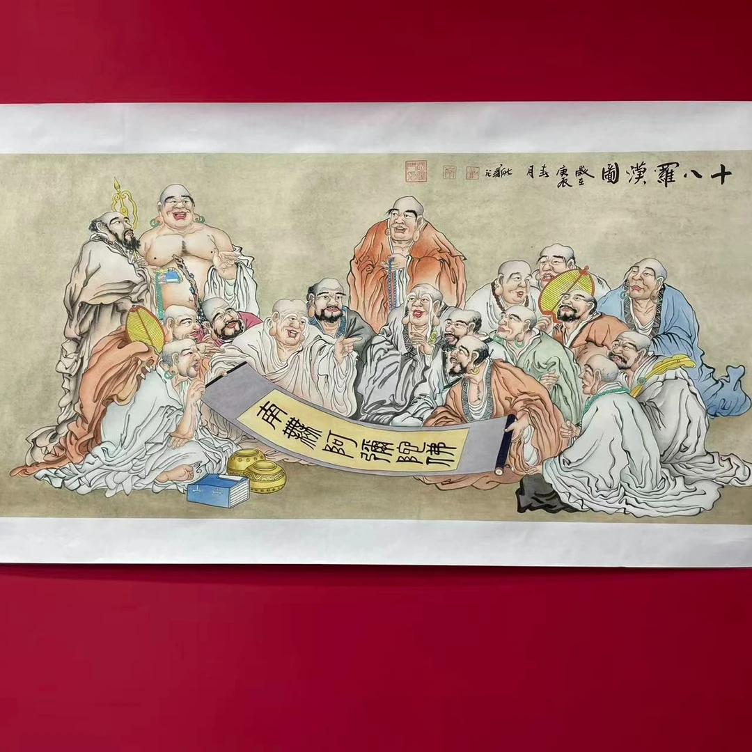 李新社手绘宣纸六尺十八罗汉人物画