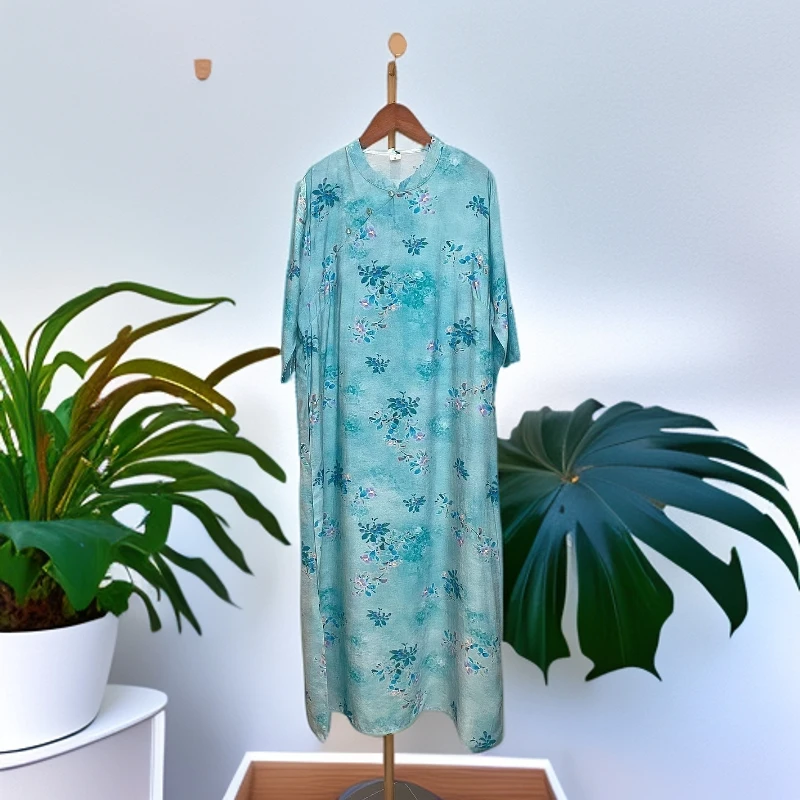 【冰清玉洁】大码中袖连衣裙新中式复古改良旗袍中长裙新款女装112