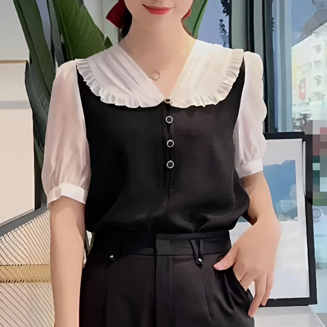 F279-【采】木耳边V领拼接宽松短袖雪纺衫#WSC56S010