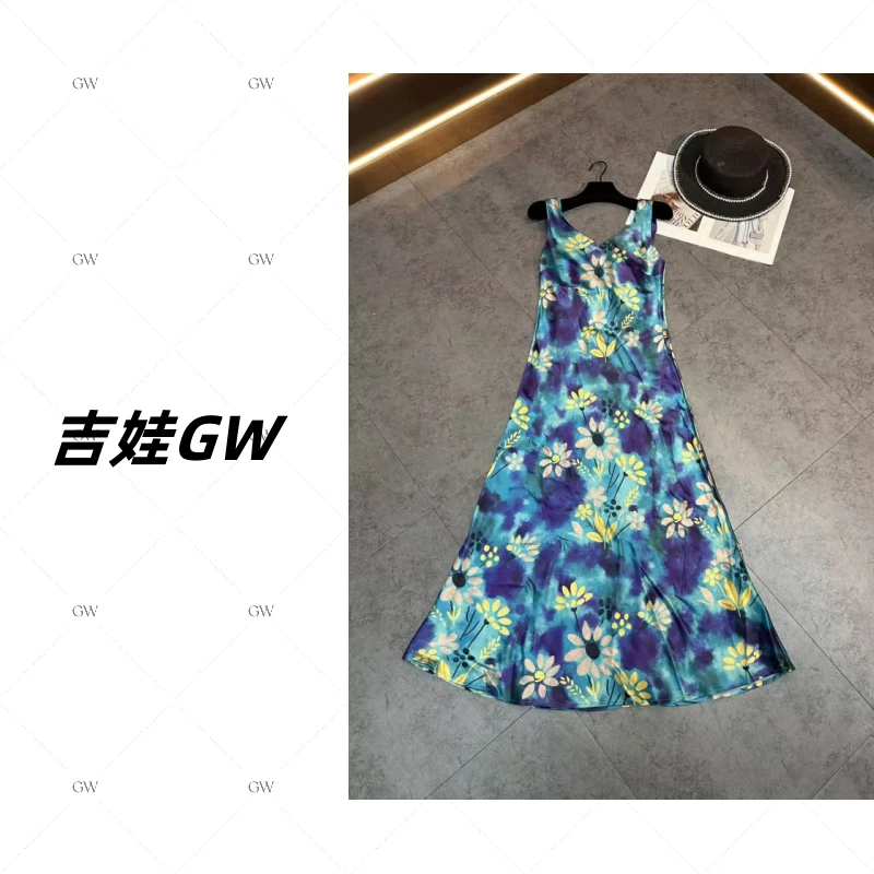 GW重磅三醋酸缎面【深海庄园】新款印花设计背心连衣裙