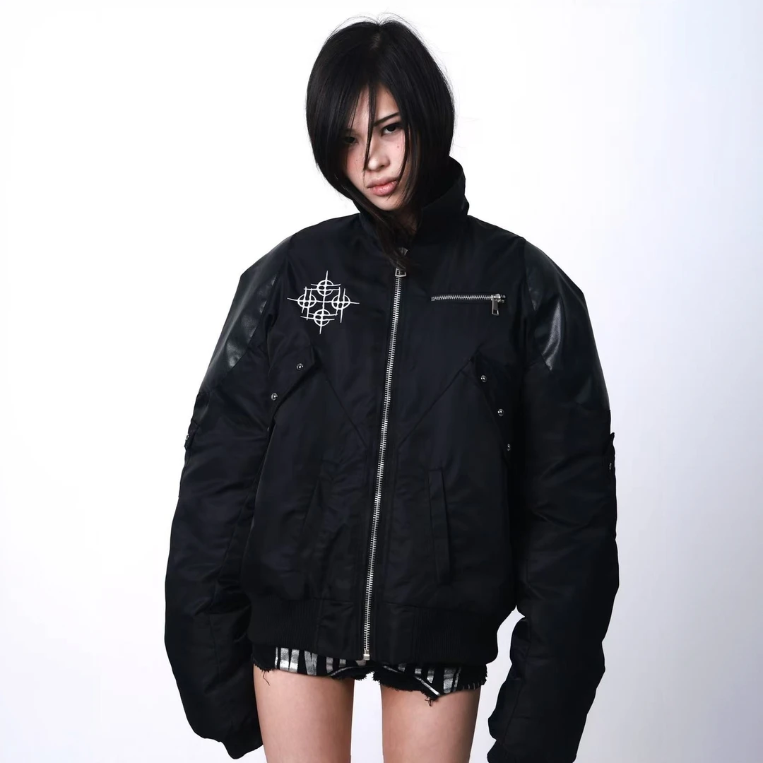 DETW 25AW*设计感高级盔甲拼皮复古暗黑Bomber飞行夹克羽绒棉服