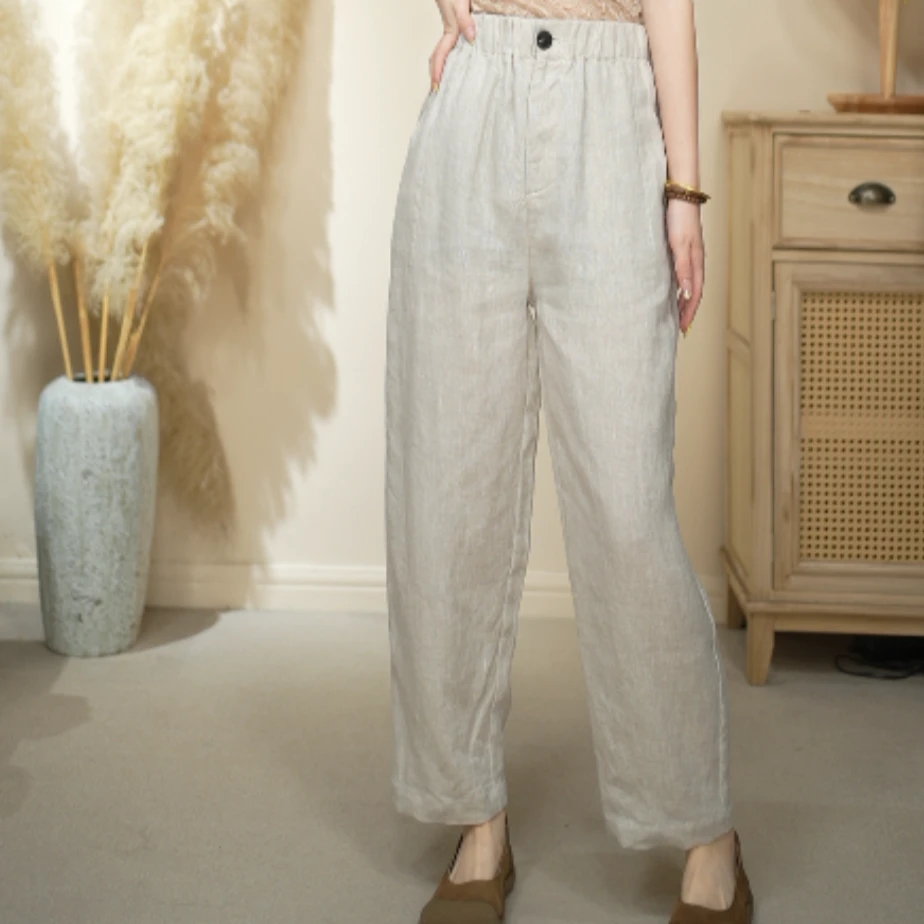 25228休闲夏季宽松纯色松紧腰开扣纯亚麻休闲裤