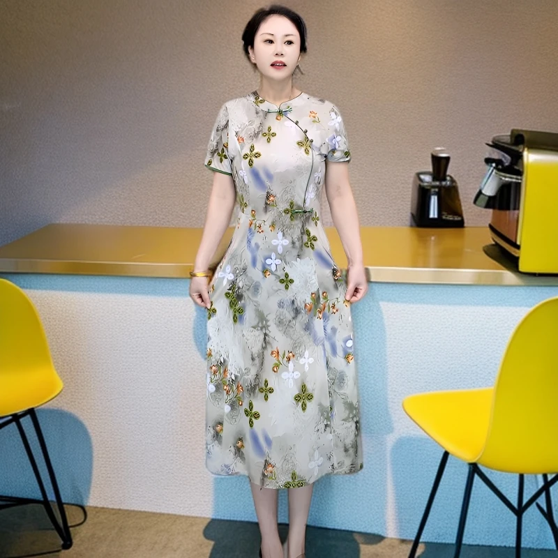 妈妈装夏季时尚中长款旗袍裙气质优雅洋气修身短袖女连衣裙碎花