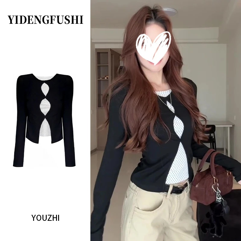 2025韩系波点假两件拼接长袖t恤早秋新款镂空修身显瘦小众上衣潮