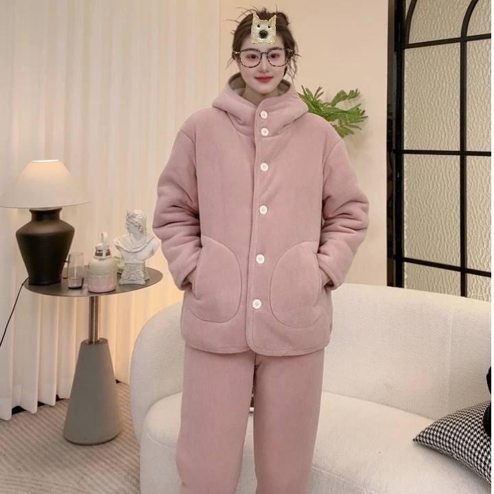 新款【5.0升级海豚绒】冬季三层加厚简约小白扣韩系连帽家居服套装1