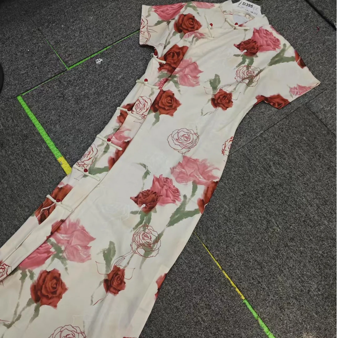 恬子梦 T698 夏季新款 工笔玫瑰 裙长120 全开襟旗袍