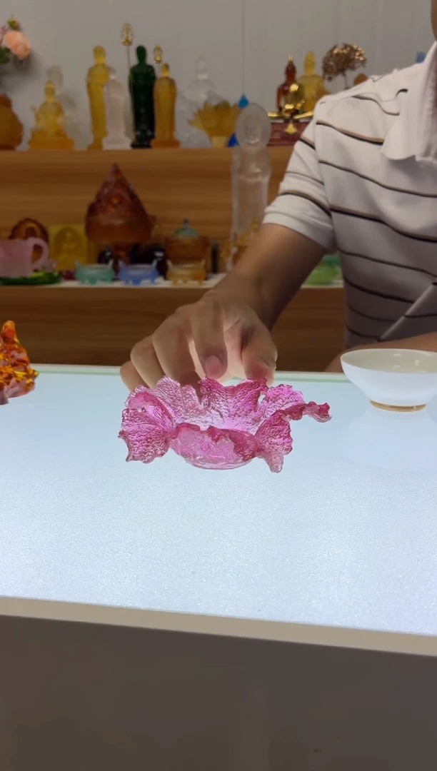 琉璃手工艺品百财叶子茶漏架金红色