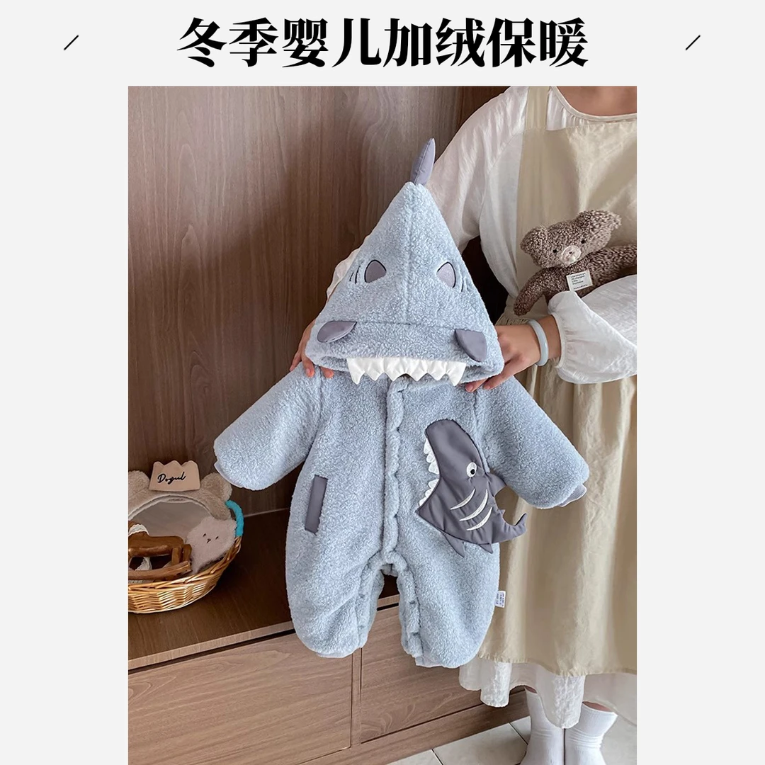 MK&UR.BV婴儿连体衣冬季加绒加厚保暖哈衣宝宝可爱卡通连帽外出服