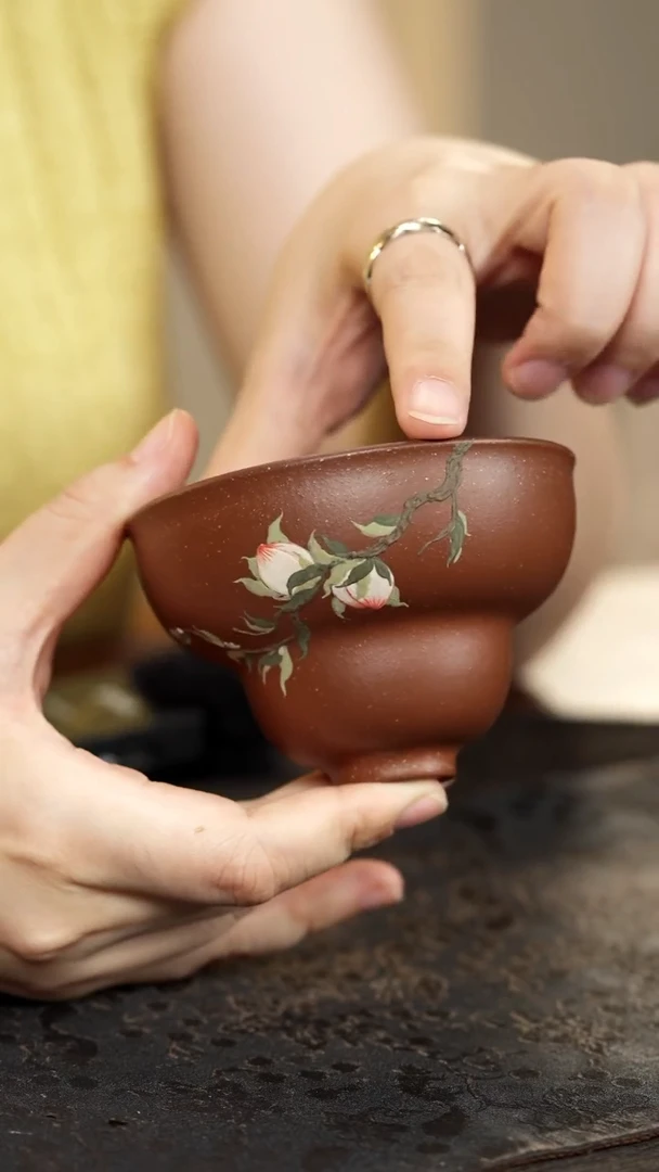 紫砂茶叶罐泥绘寿桃葫芦杯