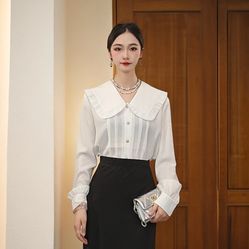 GIRDEAR/哥弟气质简约复古百搭甜美减龄彼得潘领长袖衬衫1300916