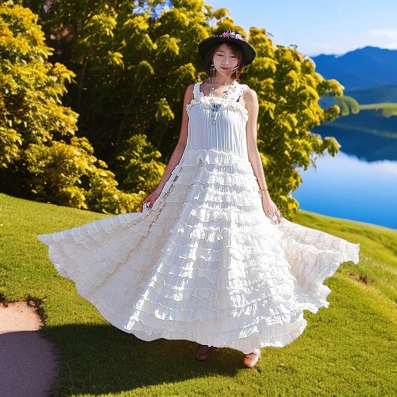 东南亚风泰棉白色无袖女士蛋糕裙夏季长款连衣裙气质优雅吊带长裙