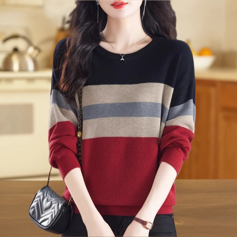 加大码女装拼色圆领套头毛衣女春秋新款宽松显瘦简约时尚针织上衣
