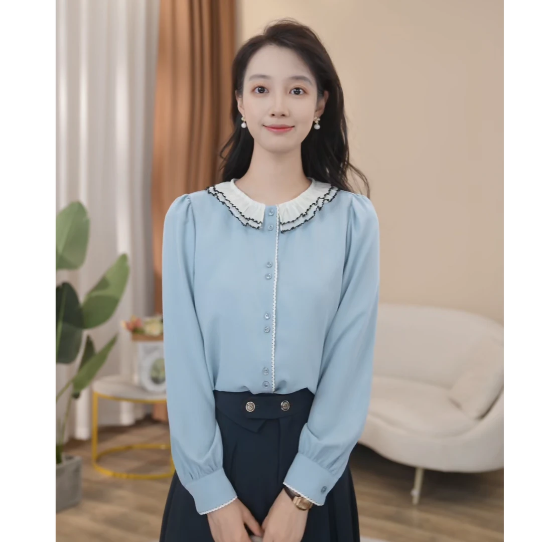 【曼贝】气质风长袖衬衫女百搭通勤设计感小众衬衣8593017A【清清】