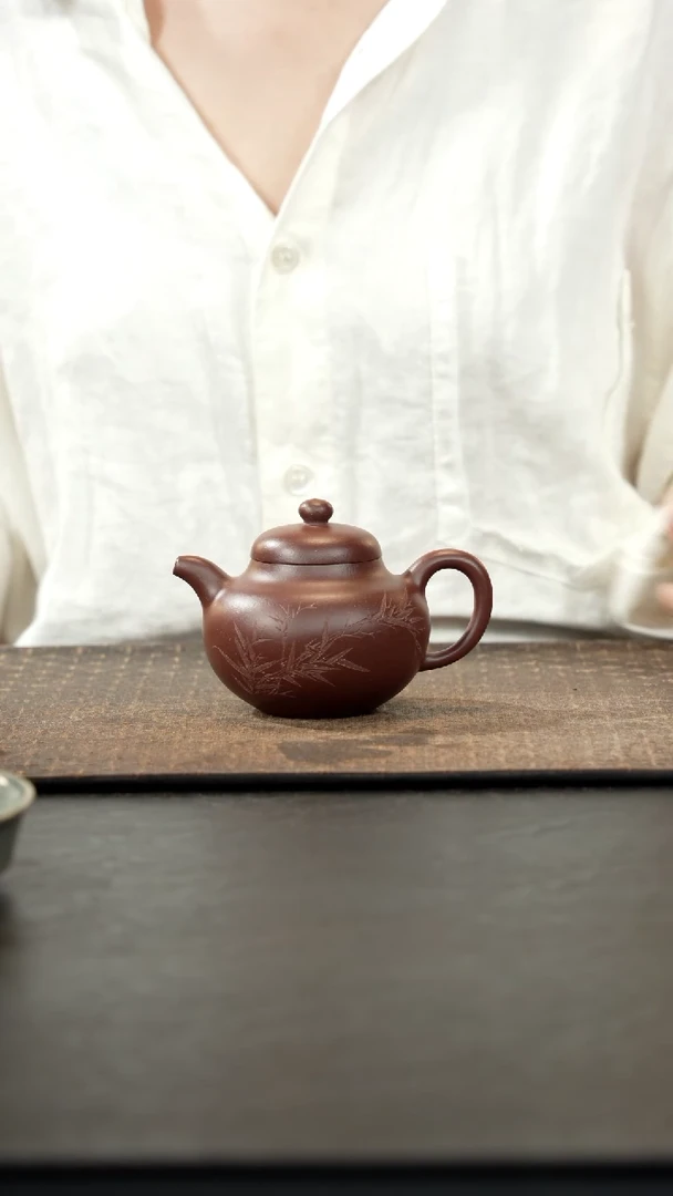 茶壶紫砂老紫泥柿圆刻绘200cc