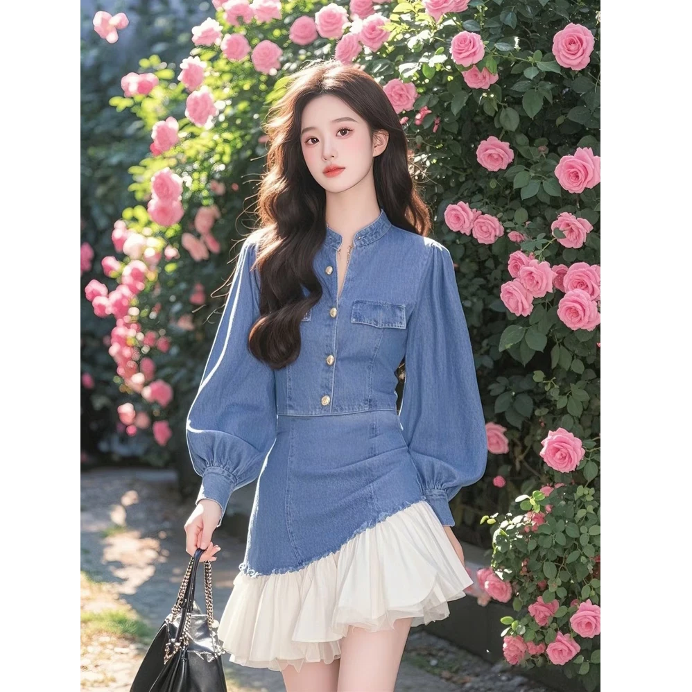 法式设计感拼接牛仔连衣裙女2025春季新款收腰显瘦短裙子时尚女装