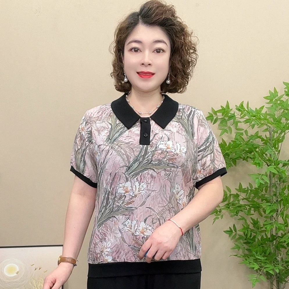 短袖夏季薄款妈妈装雪纺衫翻领凉快气质显瘦洋气时尚小衫上衣女士