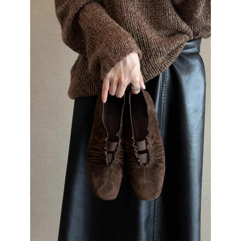 羊皮版~复古方头褶皱低跟乐福鞋新款小众时尚百搭浅口单鞋一脚蹬