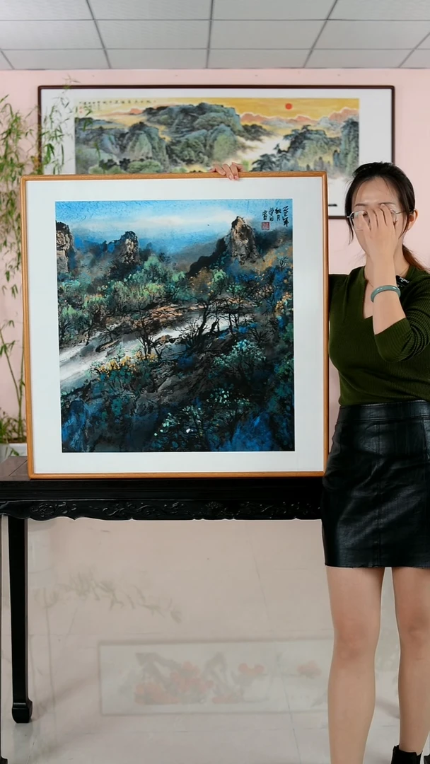 国画王学田《春日溪边行》手绘带框82*82厘米