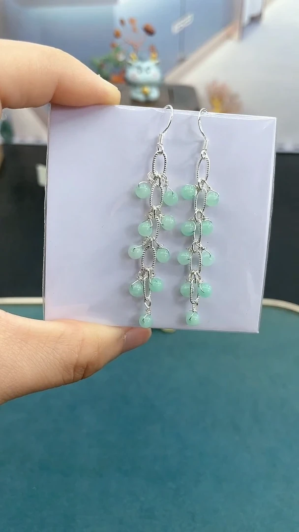 银S925镶嵌翡翠耳饰4mm翡翠蓝鞭炮