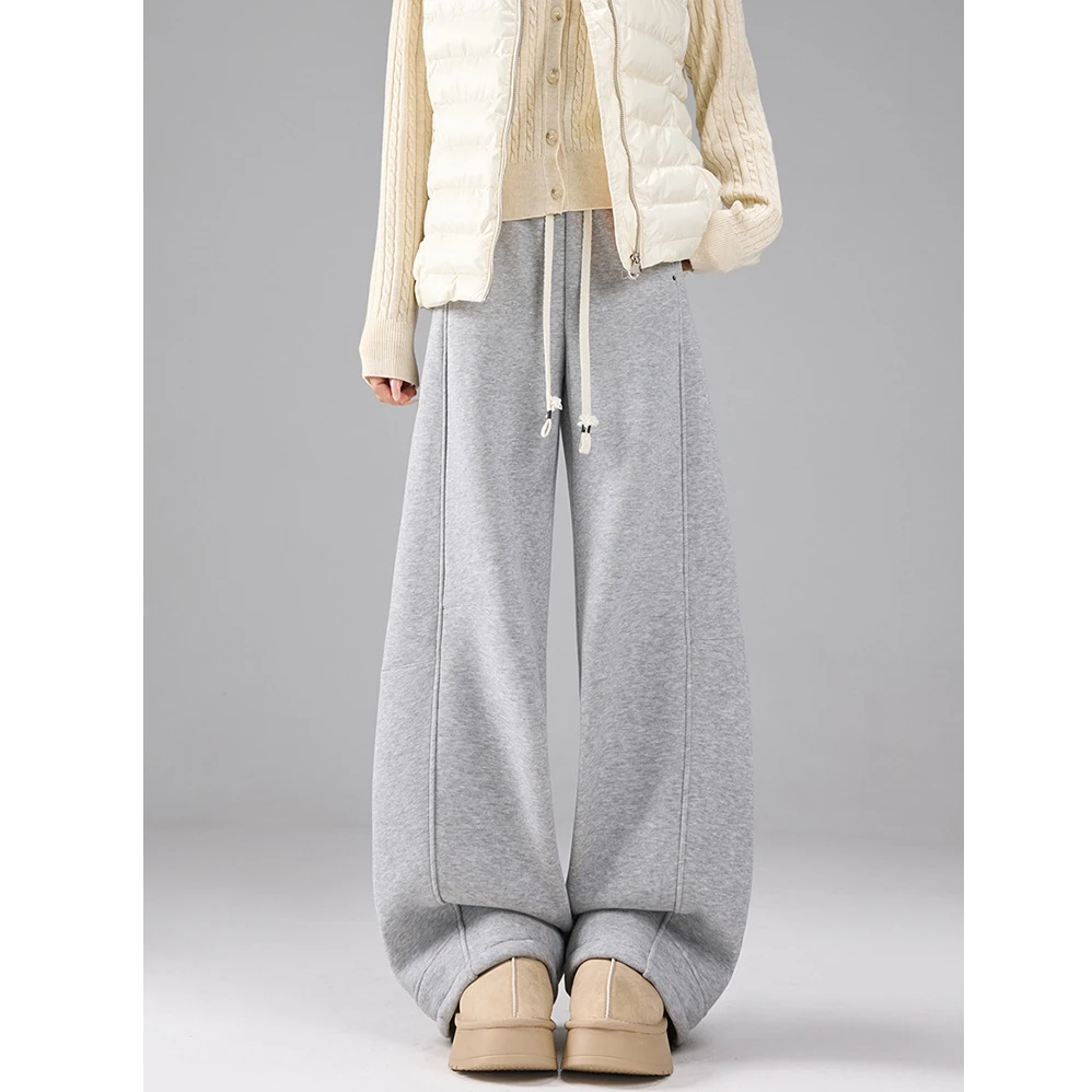 秋冬爆款灰色加绒运动裤女抽绳弯刀阔腿裤宽松慵懒休闲加绒香蕉裤