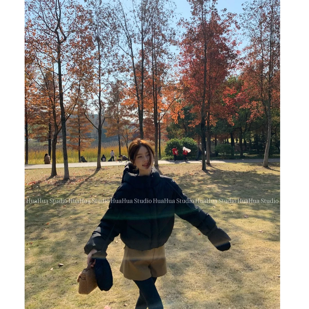 【花花】黑巧面包~韩版连帽时尚90白鸭绒外套（配手套）短款羽绒服