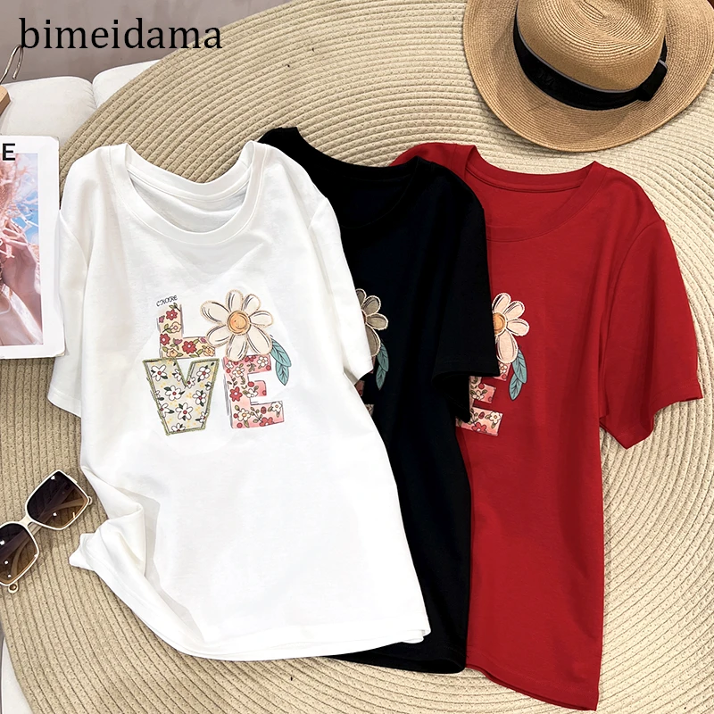 必魅-韩系ins花朵印花设计短信T恤简约百搭显瘦上衣2025夏季52261