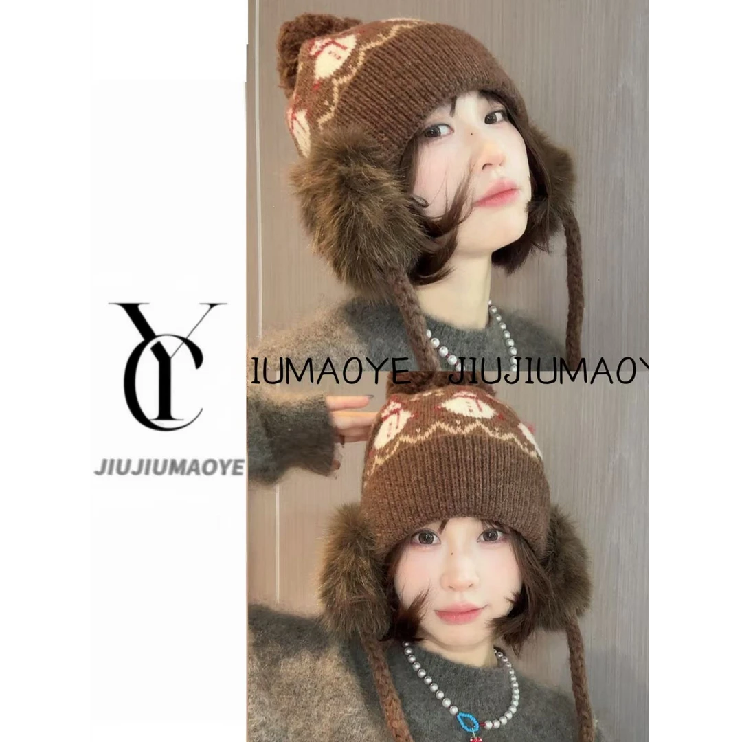 圣诞小雪人提花针织帽子女可爱毛线雷锋帽毛绒护耳防寒包头帽保暖