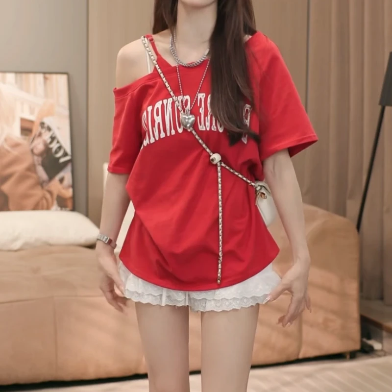 夏季新款时尚百搭设计感字母露肩斜肩宽松短袖T恤LK2503128