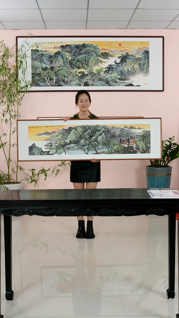 国画张现军《春到太行添新绿》手绘带框162*47厘米