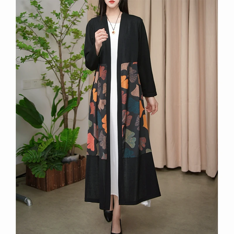 2025春季新款文艺复古印花百搭气质长袖中长款风衣开衫女