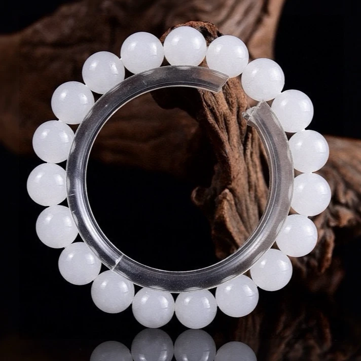 天然和田玉羊脂玉圆珠手链男女款白色玉石手串单圈素圈圆珠链10MM