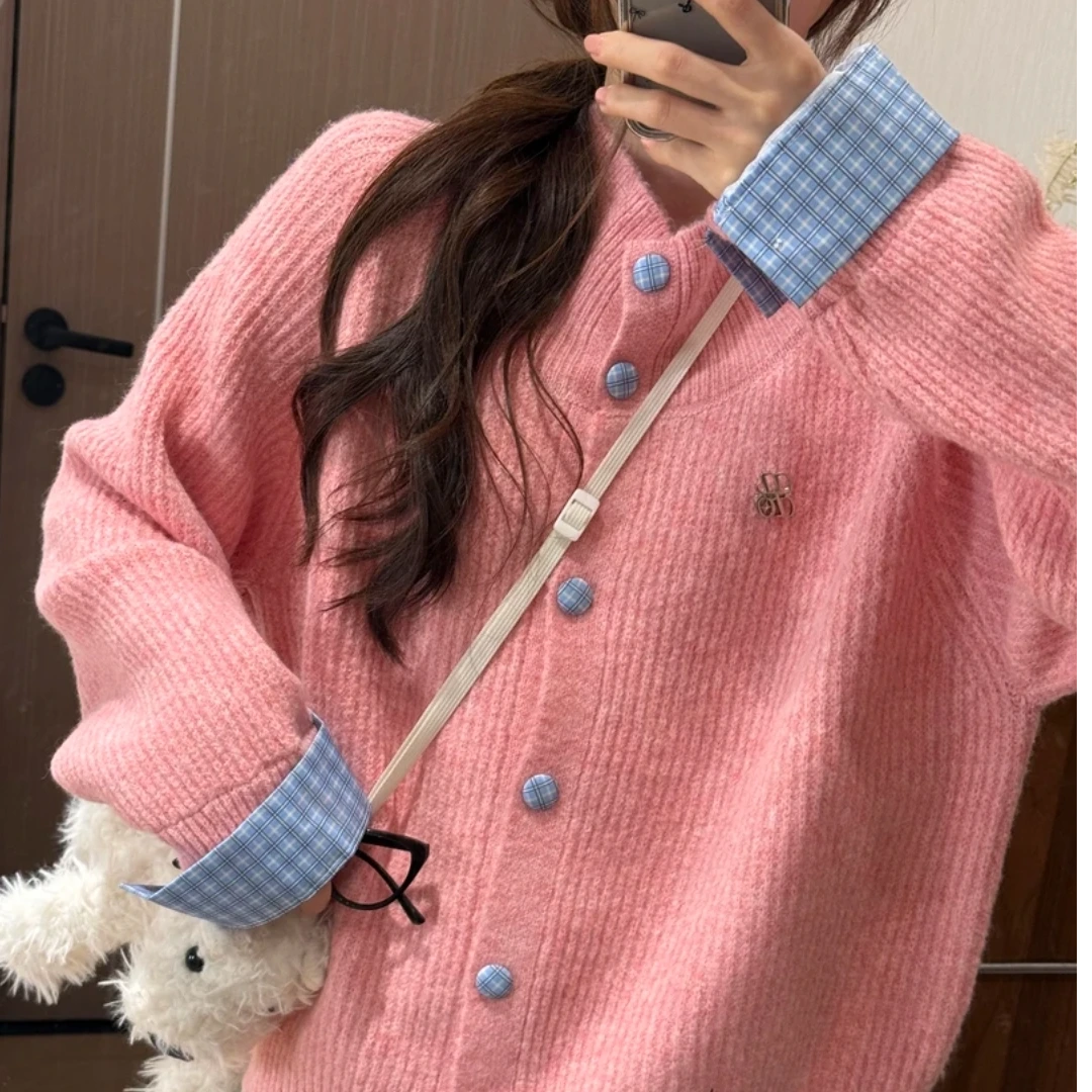 韩系复古灰色翻领长袖针织开衫女秋冬季慵懒风宽松显瘦毛衣外套