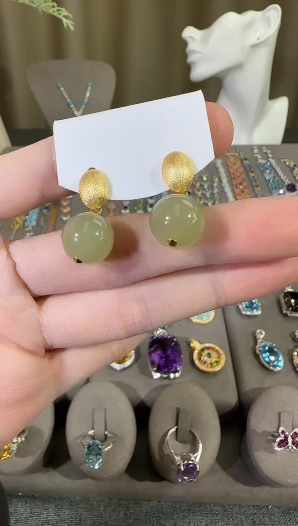 银S925镶嵌和田玉耳饰12mm耳坠设计款