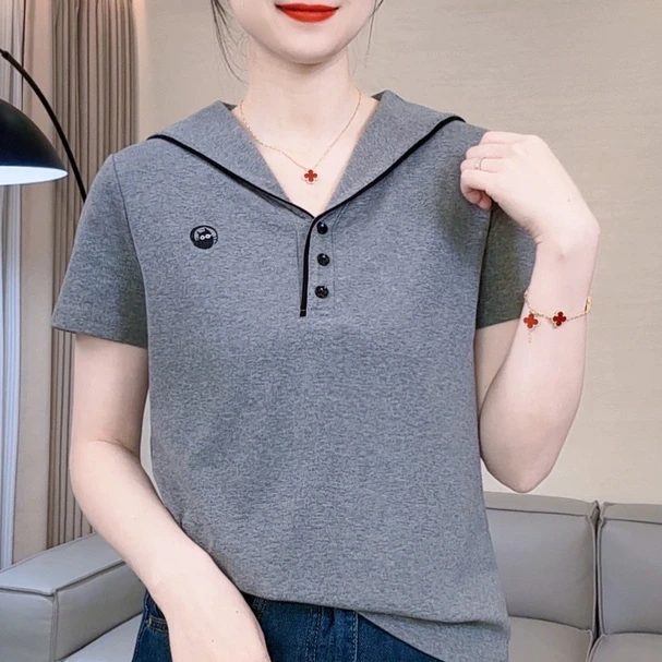 轻职风休闲风海军领纽扣短袖T恤夏季洋气时尚连帽减龄翻领