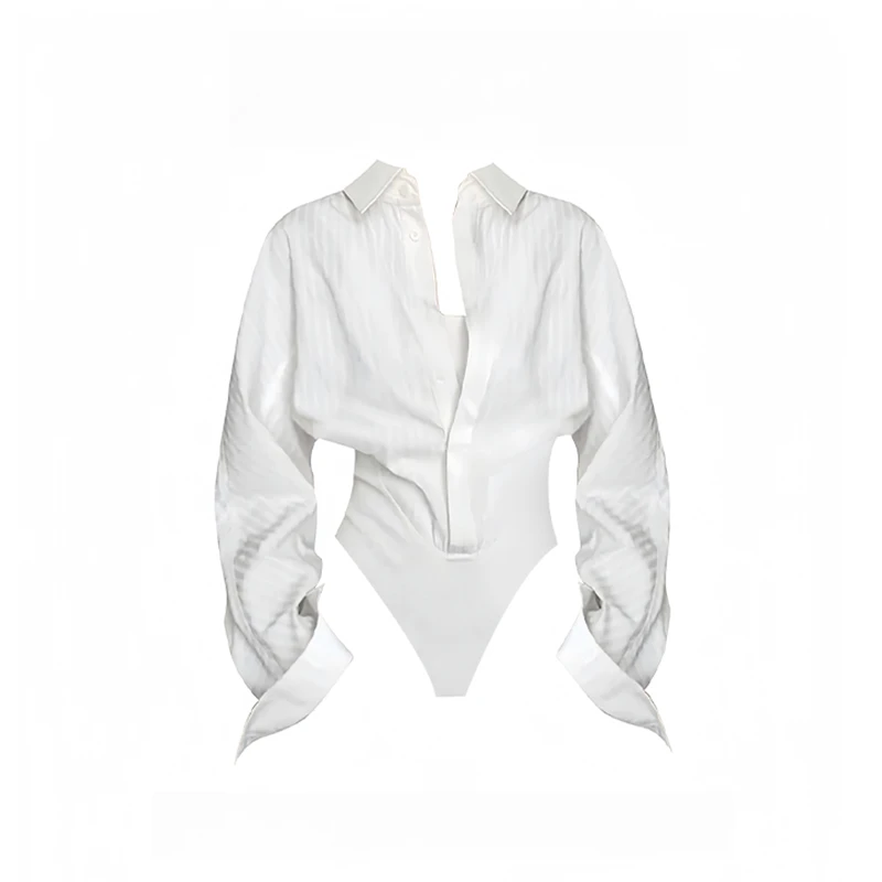 2025新款显瘦修身假两件连体衬衫女秋季法式薄款收腰POLO领上衣