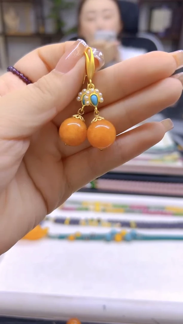 和田玉（糖玉）14K金镶嵌耳饰DIY款E476