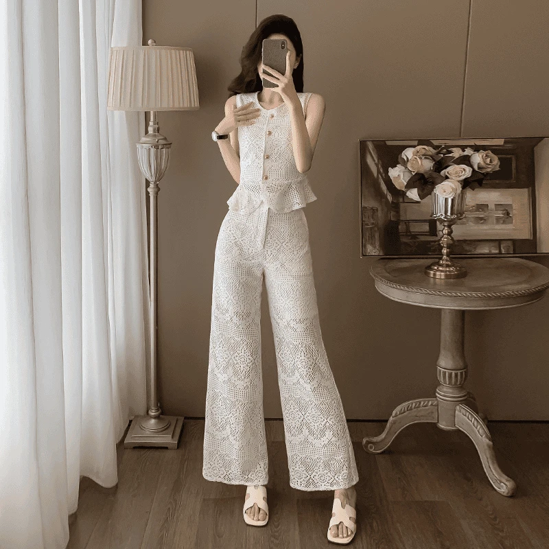 夏季新款女士小香风镂空蕾丝马提花阔腿裤气质两件套显瘦高腰时尚